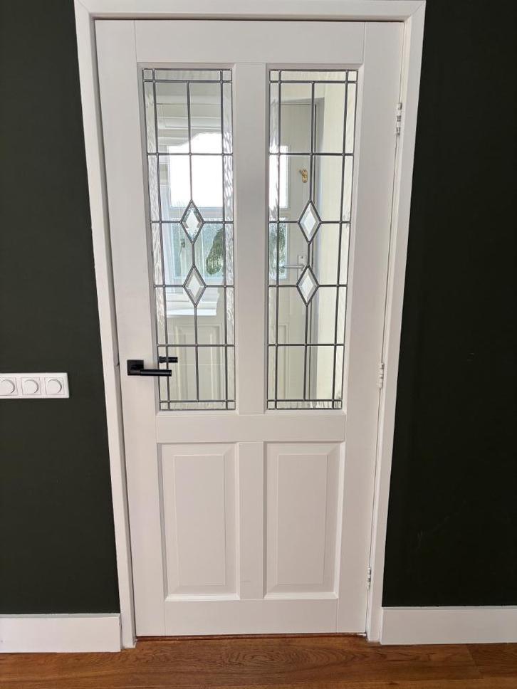Binnendeur  met glas in lood, Doe-het-zelf en Verbouw, Deuren en Horren, Gebruikt, Binnendeur, 200 tot 215 cm, Glas, Hout, Ophalen