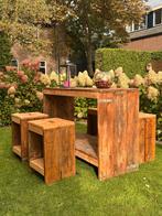 Steigerhouten Bartafel met 4 Barkrukken, Tuin en Terras, Tuinsets en Loungesets, Ophalen, 4 zitplaatsen, Gebruikt, Steigerhout