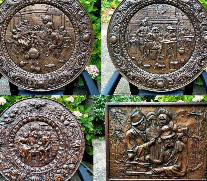 6x Antiek Bronzen & Koperen Wandbord Plaquette - Zie Omschr, Antiek en Kunst, Antiek | Koper en Brons, Brons, Ophalen of Verzenden