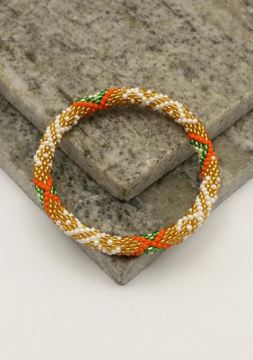 Glaskralen armband - goud, oranje en groen - RB109, Sieraden, Tassen en Uiterlijk, Armbanden, Nieuw, Overige materialen, Verzenden