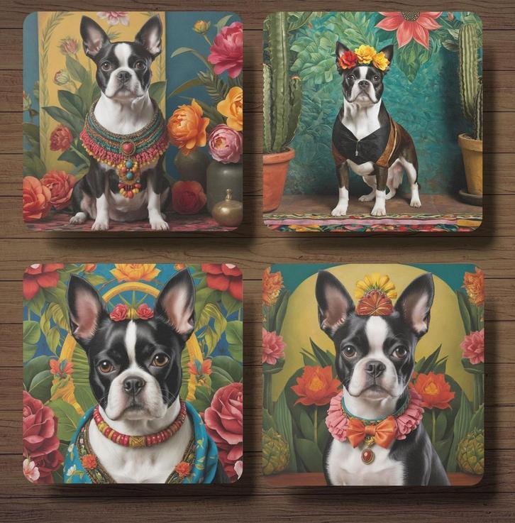Boston Terriër Frida Kahlo onderzetters met houder, Huis en Inrichting, Woonaccessoires | Onderzetters, Nieuw, Glas of Kopje, Ophalen of Verzenden