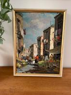 Schilderij Italiaanse Giuseppe Elletro straatbeeld markt, Antiek en Kunst, Kunst | Schilderijen | Klassiek, Ophalen of Verzenden