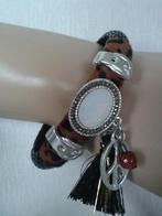 Stijlvolle ARMBAND met Siersteen en Bedels, RVS Magneetgesp, Zwart, Leer, Ophalen of Verzenden, Zo goed als nieuw