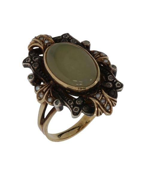 Jade roos diamant parel 14k gouden antieke dames ring zilver, Sieraden, Tassen en Uiterlijk, Antieke sieraden, Ring, Goud, Met edelsteen