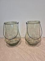 2 groene glazen windlichten, Ophalen, Overige materialen, Zo goed als nieuw, Groen