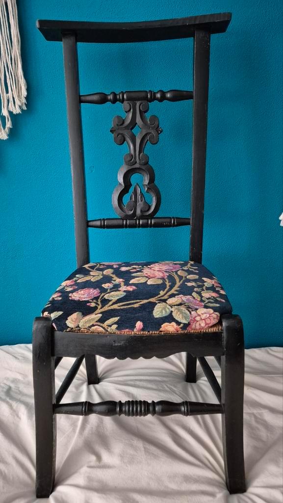 Mooie barok zitting en rieten bidstoel, Huis en Inrichting, Stoelen, Gebruikt, Eén, Hout, Riet of Rotan, Stof, Zwart, Ophalen