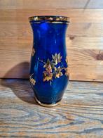 kobalt blauw Boheems glazen vaas met goud, Ophalen of Verzenden