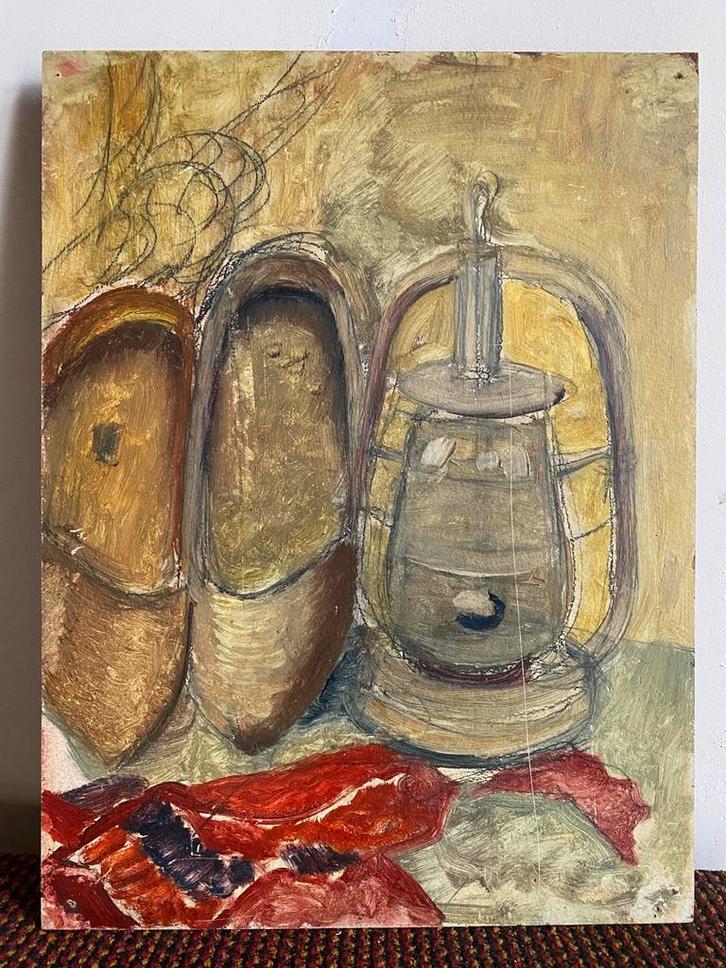 Stilleven met stormlamp en schoenen, Antiek en Kunst, Kunst | Schilderijen | Modern, Ophalen of Verzenden