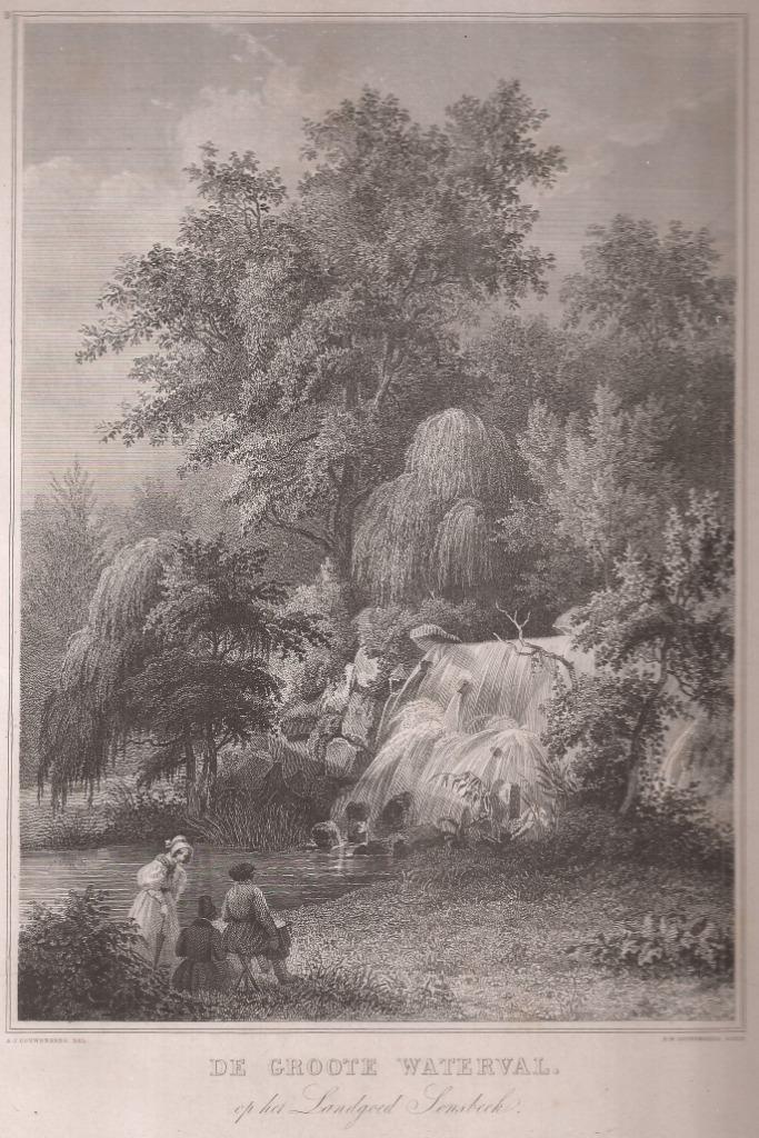 De Groote Waterval, op het Landgoed Sonsbeek 1838, Antiek en Kunst, Kunst | Etsen en Gravures, Ophalen of Verzenden