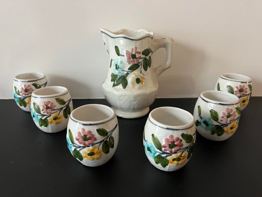 Servies set melkkan met 6 bekers bloemenpatroon, Gebruikt, Overige typen, Ophalen of Verzenden, Overige stijlen