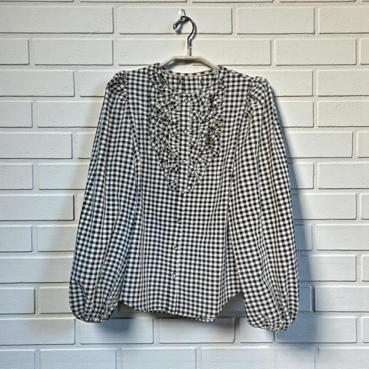 Nukus Blouse Maat L Zwart Crème Gingham Ruit, Kleding | Dames, Blouses en Tunieken, Zo goed als nieuw, Maat 42/44 (L), Zwart, Verzenden