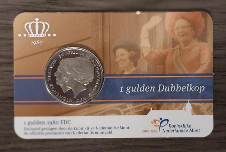 1 gulden 1980 FDC Dubbelkop in coincard, Postzegels en Munten, Munten | Nederland, 1 gulden, Koningin Beatrix, Ophalen of Verzenden