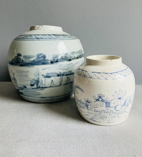 Oude Chinese (gember)potten wit blauw handbeschilderd, Antiek en Kunst, Antiek | Keramiek en Aardewerk, Ophalen of Verzenden