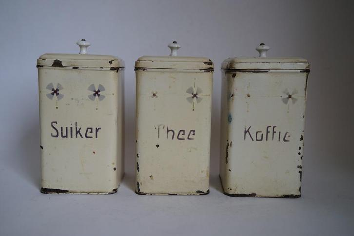 3 blik bus antiek crème bloem art deco jugendstil porselein., Verzamelen, Blikken, Gebruikt, Overige, Overige merken, Ophalen of Verzenden