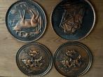 Antieke Koperen Borden met Windmolen, Jacht en Hert, Ophalen of Verzenden