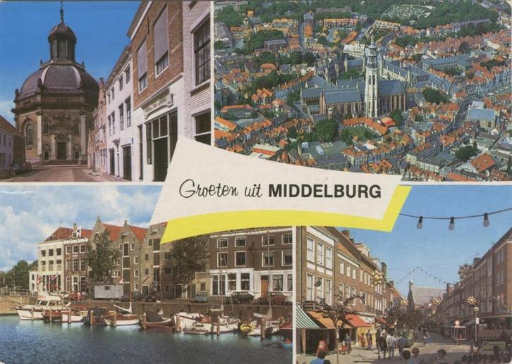 Middelburg  4 luik Groeten uit, Verzamelen, Ansichtkaarten | Nederland, Gelopen, Zeeland, 1960 tot 1980, Verzenden