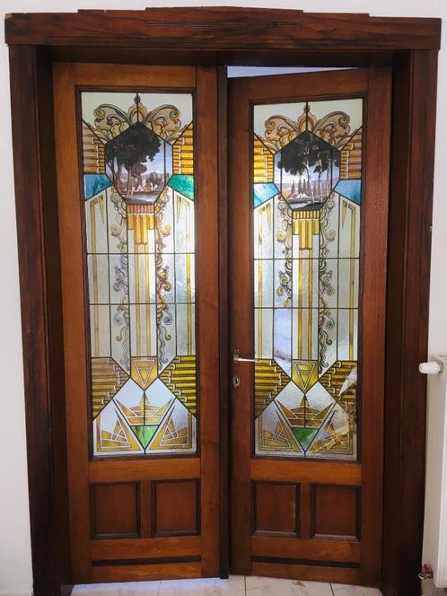 Jugendstil gebrandschilderde dubbele deur incl.omlijstingen, Doe-het-zelf en Verbouw, Deuren en Horren, Gebruikt, Binnendeur, 200 tot 215 cm