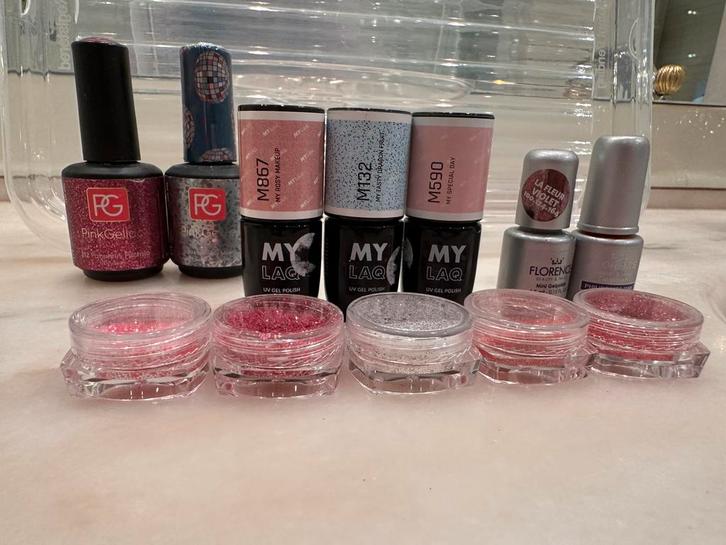 Mooie set diversen gellak en glitters, Sieraden, Tassen en Uiterlijk, Uiterlijk | Cosmetica en Make-up, Zo goed als nieuw, Handen en Nagels