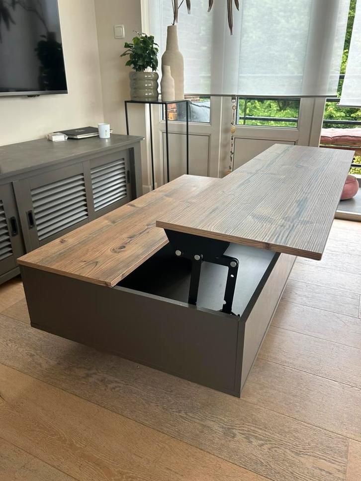Uitklapbare salontafel - bruin/grijs, Huis en Inrichting, Tafels | Salontafels, Gebruikt, Rechthoekig, Overige houtsoorten, Ophalen