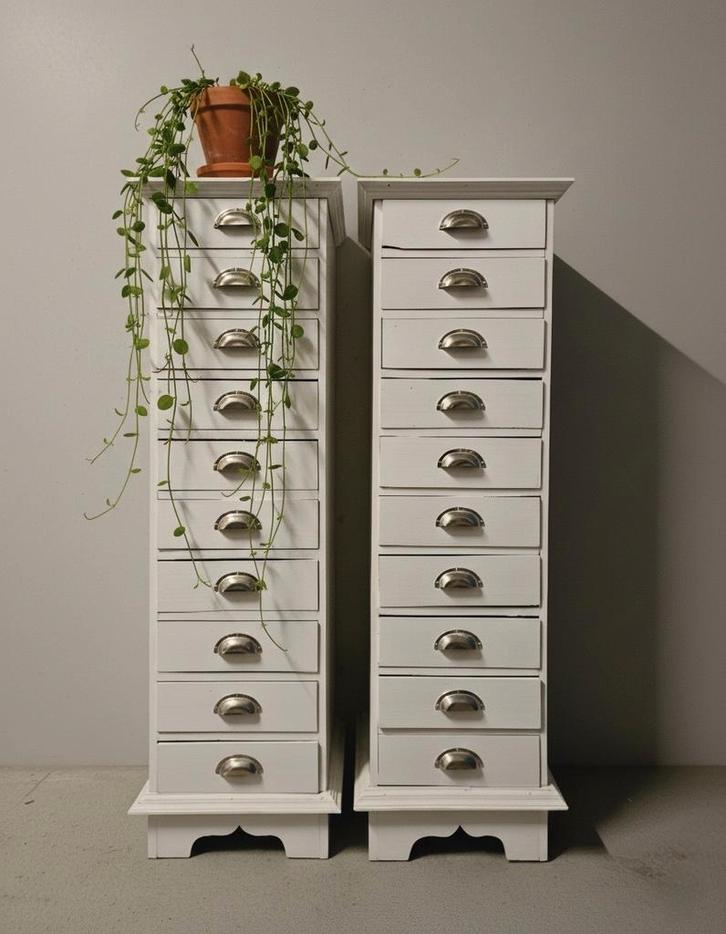 Twee vintage ladekasten apothekerskast brocante kasten set, Antiek en Kunst, Curiosa en Brocante, Ophalen of Verzenden