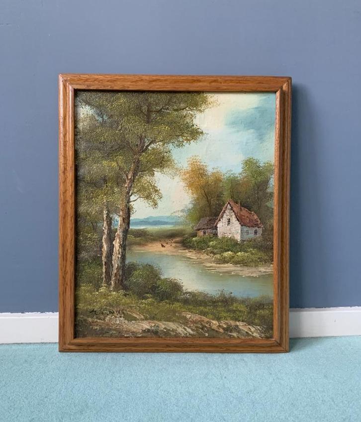 Lief Olieverfschilderij Landschap Eikenhout lijst 39,5x47cm, Antiek en Kunst, Kunst | Schilderijen | Klassiek, Ophalen of Verzenden