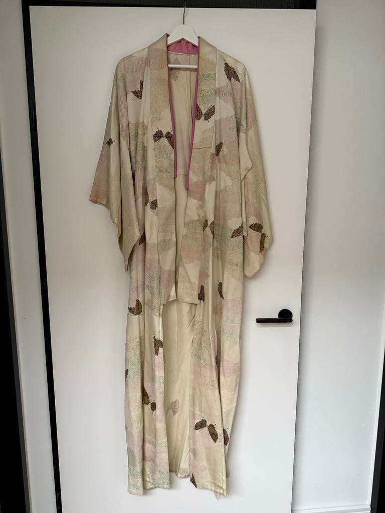Vintage Kimono Houmongi met Vlinderprint - One Size, Ophalen of Verzenden, Zo goed als nieuw