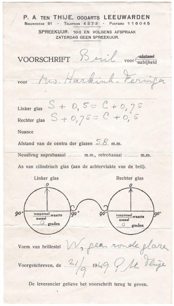 Voorschrift 1949 Oogarts Ten Thije Leeuwarden - Bril Harkink, Verzamelen, Merken en Reclamevoorwerpen, Gebruikt, Overige typen