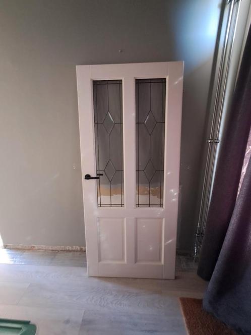 Mooie massief houten paneeldeur met glas in lood, Doe-het-zelf en Verbouw, Deuren en Horren, Gebruikt, Binnendeur, 200 tot 215 cm