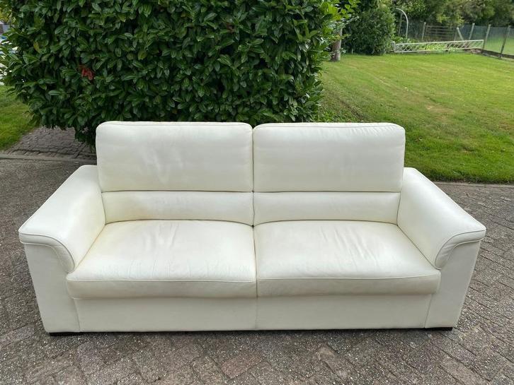 Witte / creme Leren Bank / bankstel in wit leer/ 3 zitter, Huis en Inrichting, Banken | Voetenbanken en Poefen, Gebruikt, 75 tot 100 cm