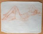 A493-19 Oude tekening Vrouw in lingerie op bed, Antiek en Kunst, Ophalen of Verzenden