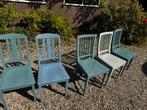 Vijf houten stoelen in diverse kleuren, Ophalen, Gebruikt, Blauw, Vijf, Zes of meer stoelen