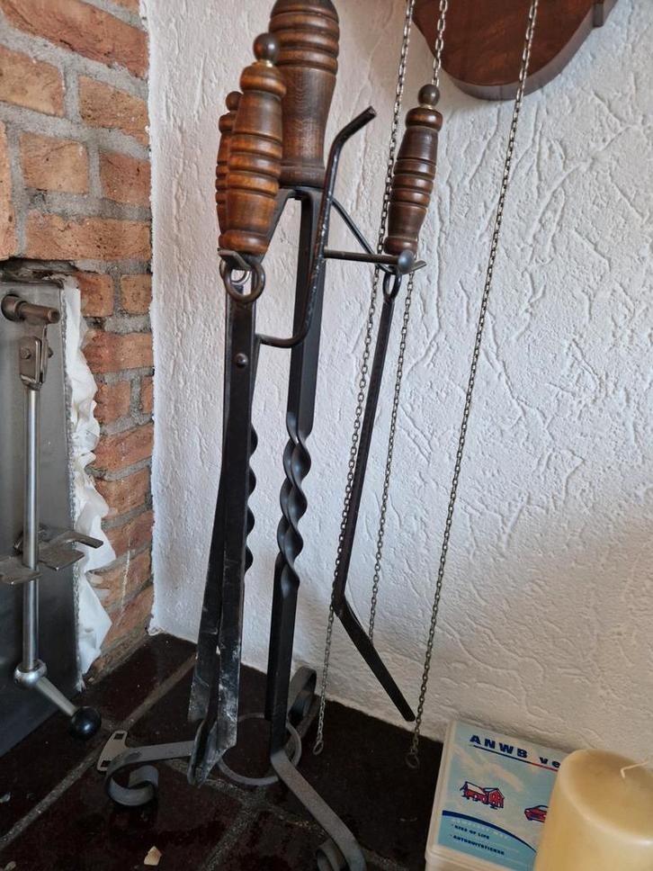 Openhaard gereedschap set - pook, tang, schep, Huis en Inrichting, Kachels, Gebruikt, Vrijstaand, Houtkachel, Hout, Ophalen of Verzenden