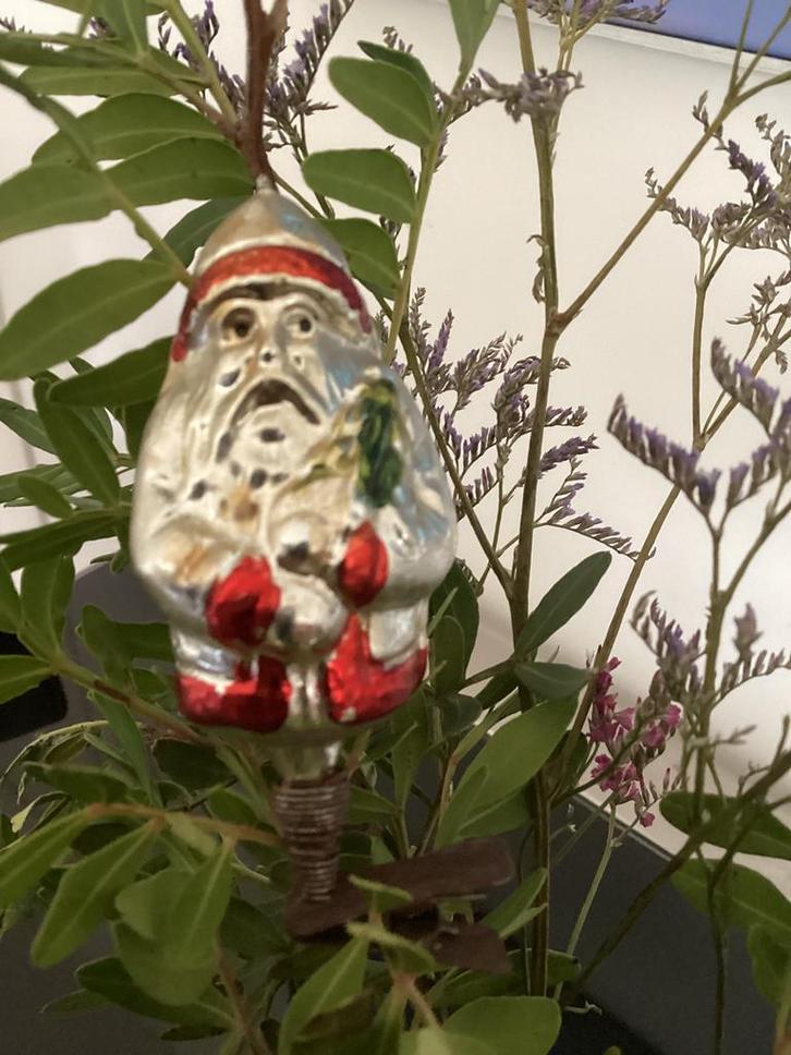 Oude glazen kerstbal:  kerstmannetje op knijper, Diversen, Kerst, Gebruikt, Ophalen of Verzenden