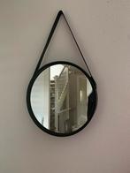 Spiegel rond zwart metaal met lederen band, Huis en Inrichting, Minder dan 100 cm, Minder dan 50 cm, Rond, Zo goed als nieuw