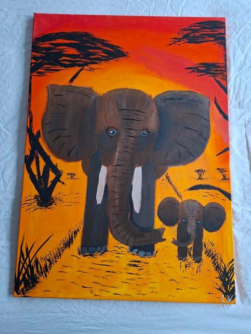 Olifanten Schilderij - Afrikaans Landschap, Antiek en Kunst, Kunst | Overige Kunst, Ophalen of Verzenden