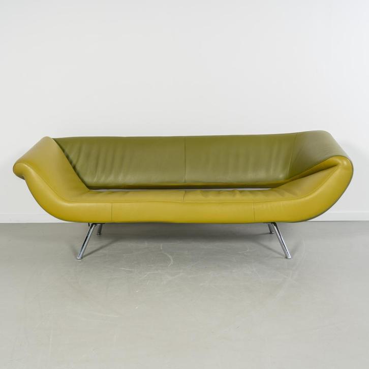 1 Leolux Arabella 3-zits/220cm Bank Groen/Geel Leer - Chroom, Huis en Inrichting, Banken | Bankstellen, Zo goed als nieuw, Rechte bank