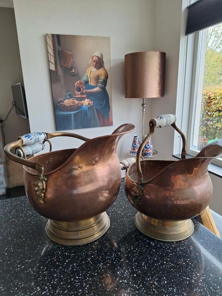 Grote Koperen Planten potten Delftsblauwe Handvaten, Antiek en Kunst, Antiek | Koper en Brons, Koper, Ophalen of Verzenden