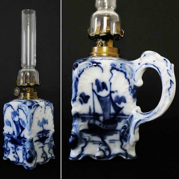 Delftsblauw olielampje met handvat met bootjes beschilderd, Antiek en Kunst, Antiek | Overige Antiek, Ophalen of Verzenden