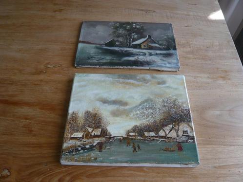 2 oude schilderijtjes met wintertafereel, Antiek en Kunst, Kunst | Schilderijen | Klassiek, Ophalen of Verzenden