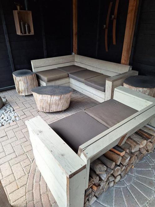 loungeset steigerhout, Tuin en Terras, Tuinsets en Loungesets, Gebruikt, Loungeset, Steigerhout, 6 zitplaatsen, Bank, Bijzettafel