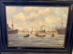 Groot schilderij met havengezicht, stoomboot, Rotterdam ?, Antiek en Kunst, Kunst | Schilderijen | Klassiek, Ophalen