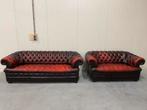 Vintage Chesterfield 3+2 zit bankstel Oxblood rood, Huis en Inrichting, Gebruikt, 125 cm of meer, Leer, Ophalen of Verzenden