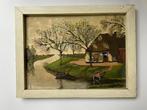 Olieverf Schilderij: Boerderij Landschap met huis en water, Ophalen of Verzenden