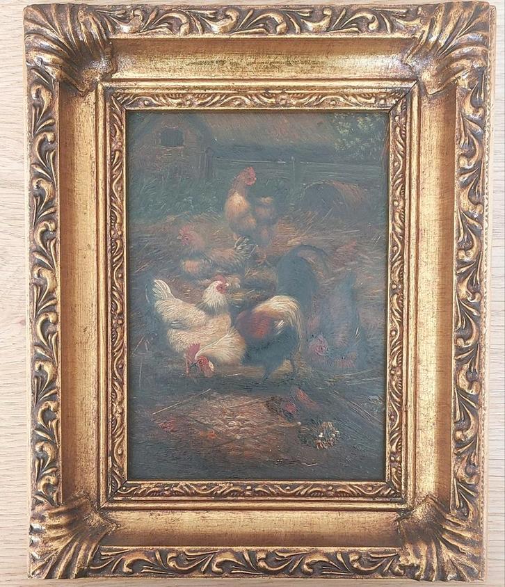 Kippen in "gouden" lijst .. D. Goetz (gesigneerd)...., Antiek en Kunst, Kunst | Schilderijen | Klassiek, Ophalen of Verzenden