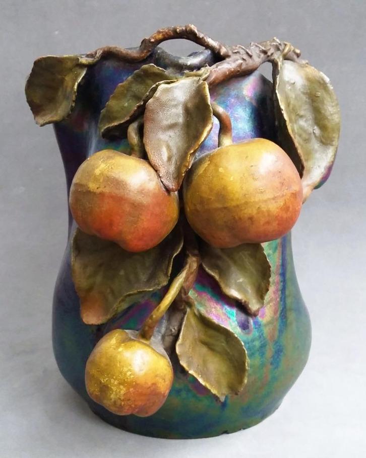 Om 1880 - 1910 Art Nouveau Florale Fruit Appels Vaas Bokaal, Antiek en Kunst, Antiek | Vazen, Ophalen of Verzenden
