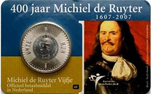 Nederland Michiel de Ruyter € 5.00 ZILVEREN COINCARDMUNT unc, Postzegels en Munten, Munten | Nederland, Losse munt, Koningin Beatrix
