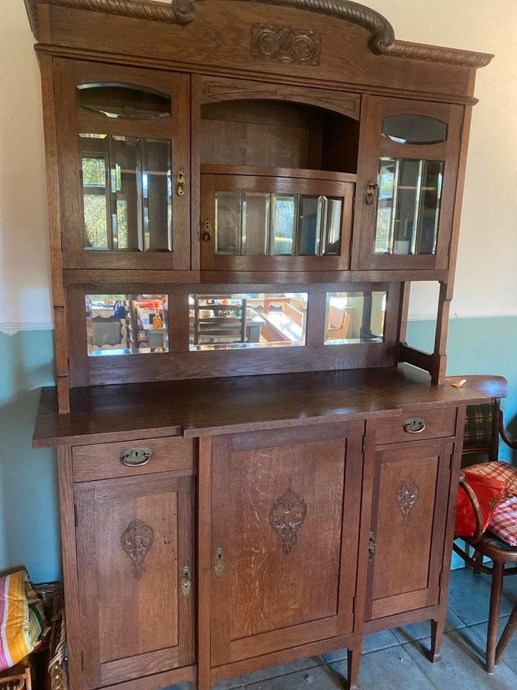 Antieke Brocante Buffetkast met Facet Geslepen Glas, Huis en Inrichting, Kasten | Buffetkasten, Gebruikt, 150 tot 200 cm, 100 tot 150 cm