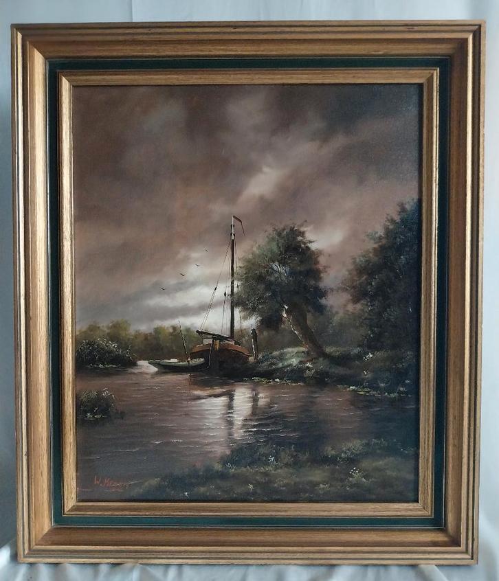 W Kroon (1946-2001) - Boot met sloep - 1980, Antiek en Kunst, Kunst | Schilderijen | Klassiek, Ophalen