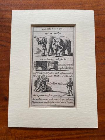 Gravure uit de Kleine Print Bybel. 1730. Militaire olifanten beschikbaar voor biedingen