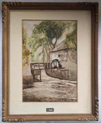 Pentekening watermolen in goudgekleurde lijst, Ophalen of Verzenden